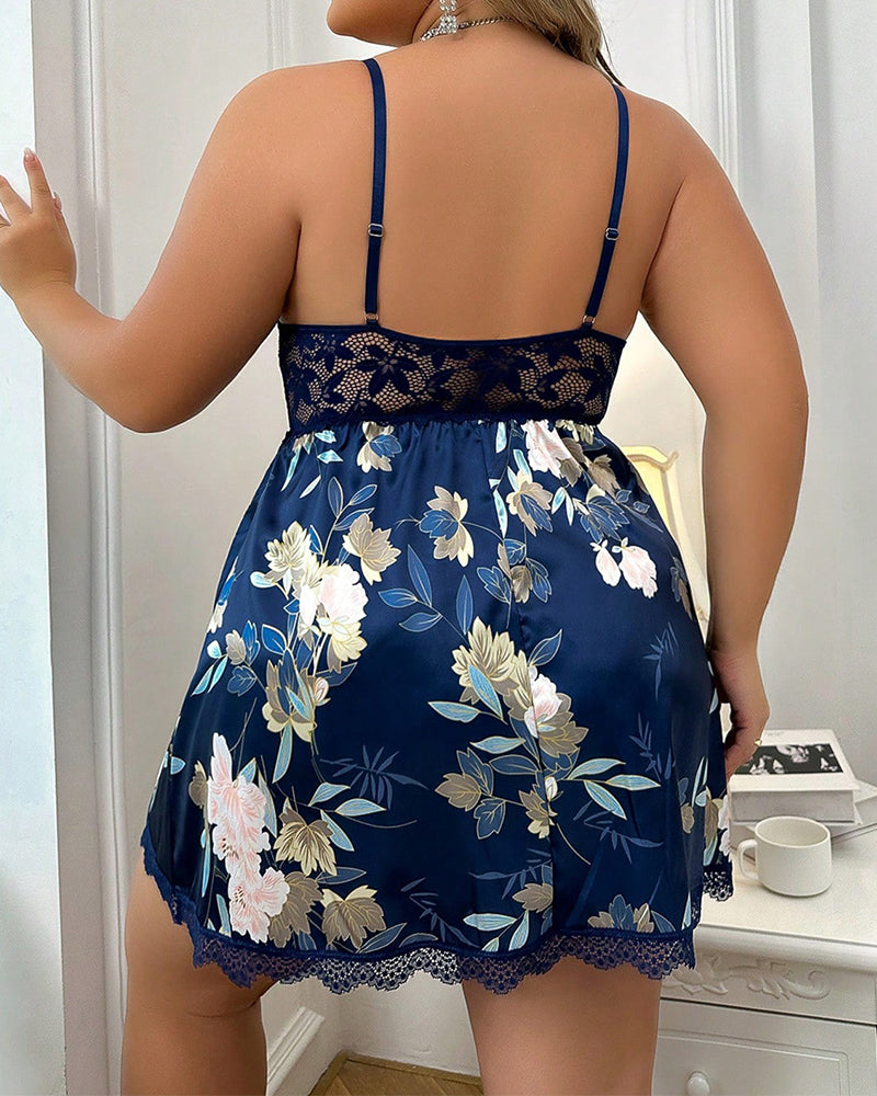 Plus Size Floral Navy Embroidered Mesh Nightdress Set with Thong-Nightgown-Bellascena-bellascena