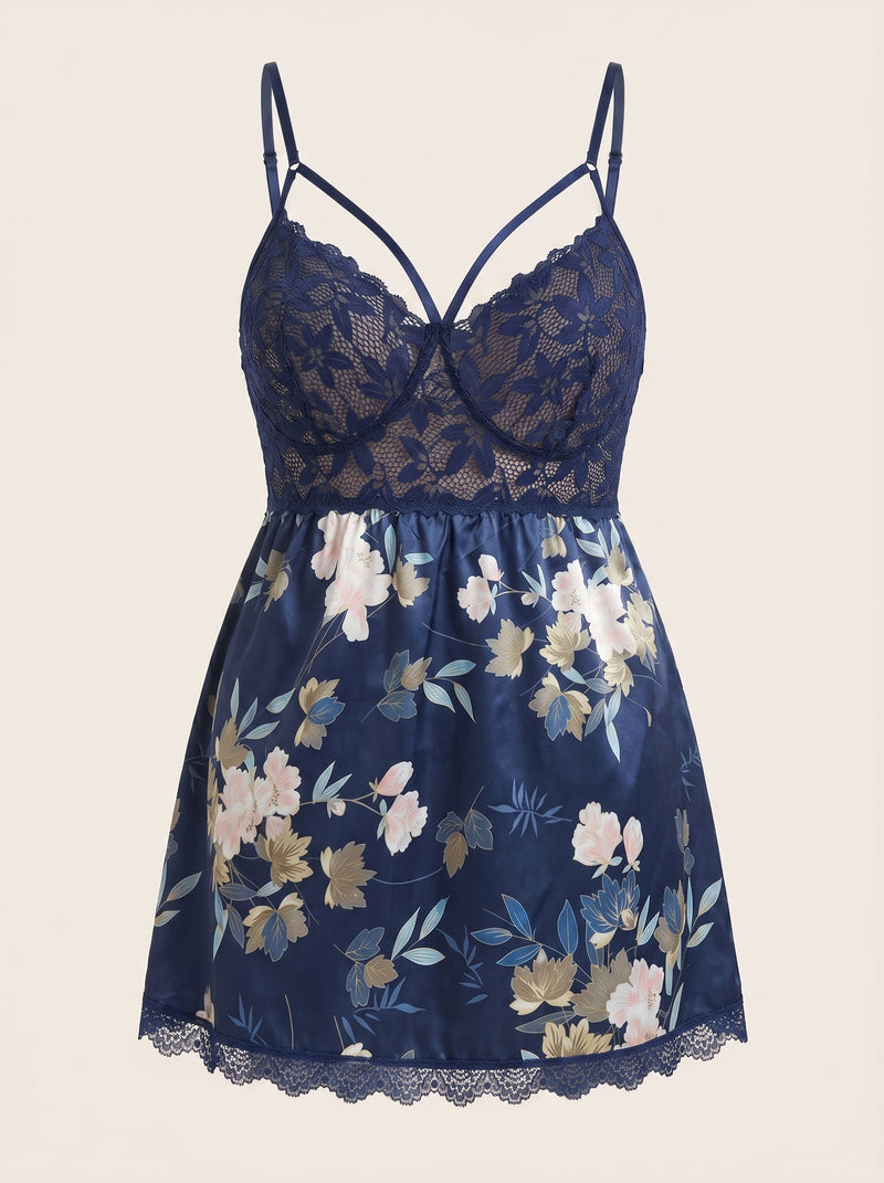 Set camicia da notte in rete ricamata floreale blu navy per taglie forti con perizoma