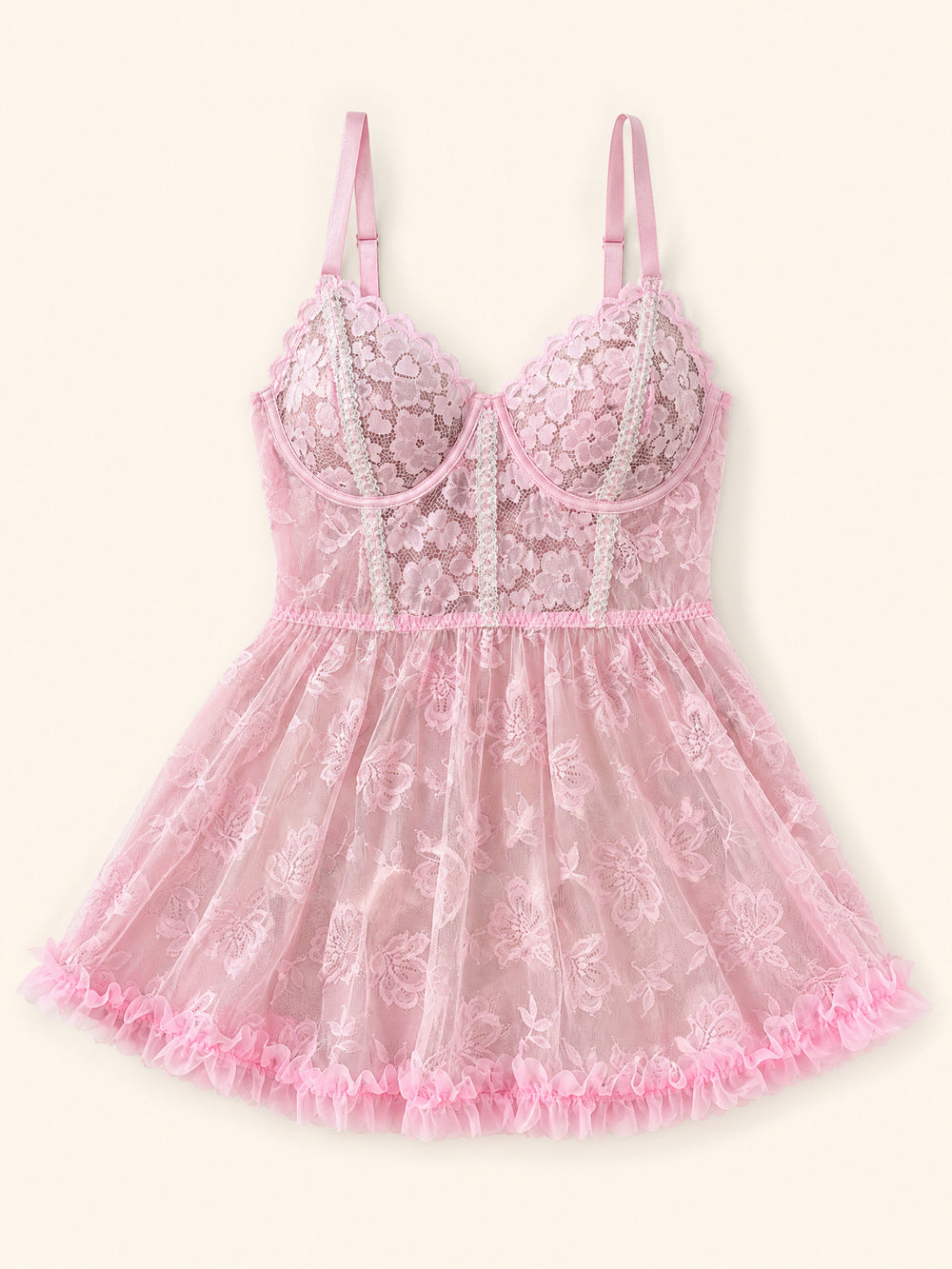 Set babydoll rosa floreale in pizzo con slip, taglie forti