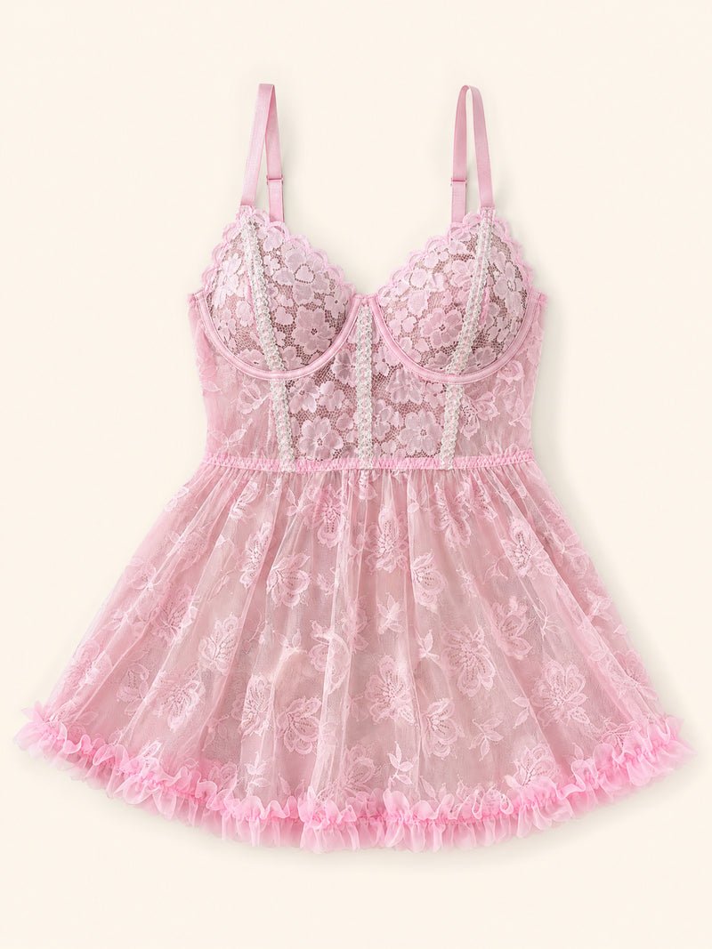 Plus Size Floral Pink Lace Babydoll Set with Panty