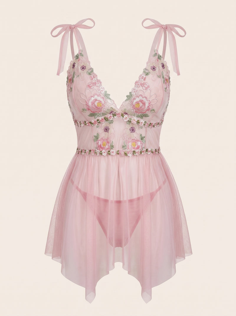Camicia da notte rosa floreale in rete con spalline da annodare, taglie forti