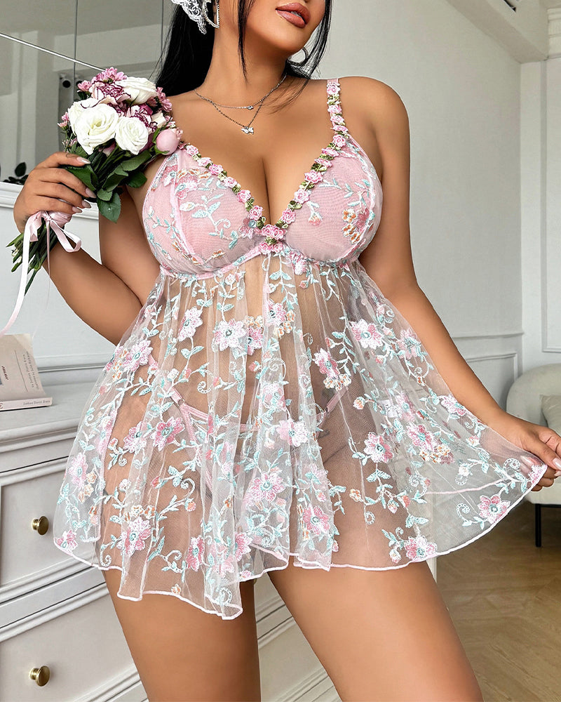 Plus Size Floral Pink Sheer Embroidered Mesh Nightdress with Adjustable Straps-Nightgown-Bellascena-bellascena