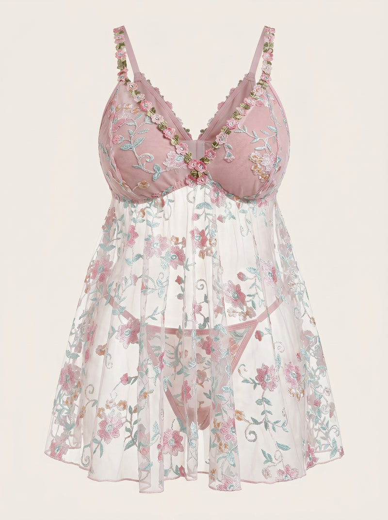 Nuisette rose à fleurs en résille transparente brodée grande taille avec bretelles réglables