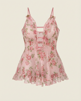 Plus Size Floral Pink Sheer Mesh Camisole Set with Ruffle-Lingerie Set-Bellascena-Pink-XL-bellascena