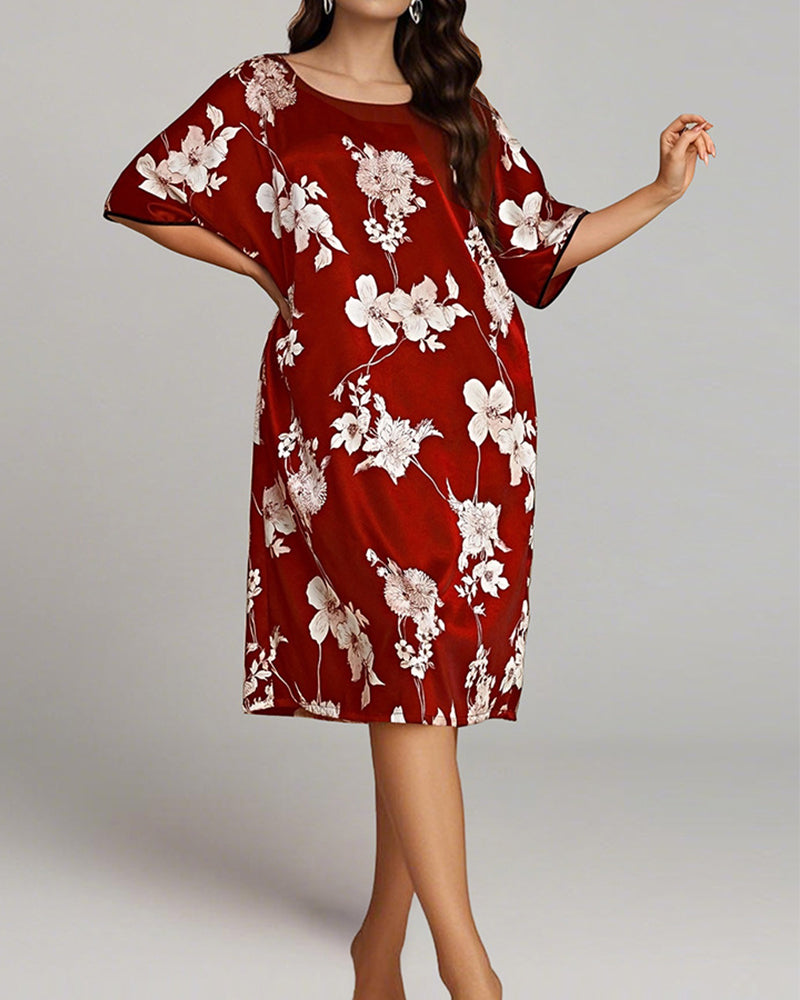 Plus Size Floral Pink Silk Nightgown with Short Sleeves-Nightgown-Bellascena-bellascena
