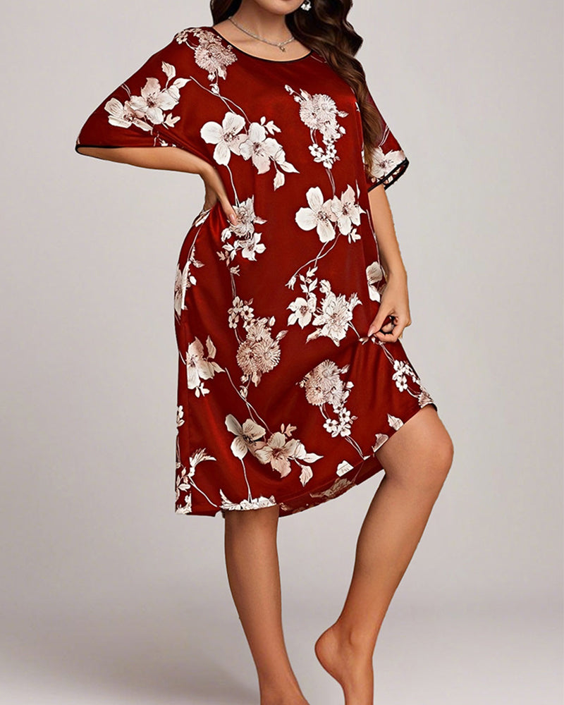 Plus Size Floral Pink Silk Nightgown with Short Sleeves-Nightgown-Bellascena-bellascena