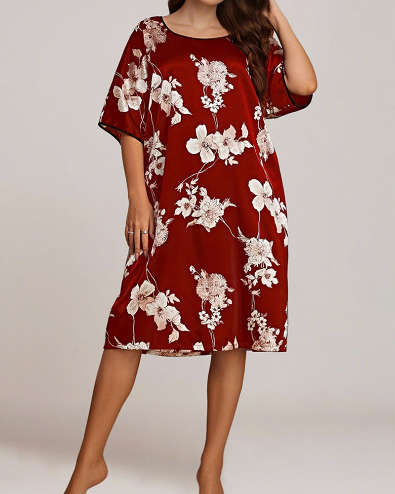 Plus Size Floral Pink Silk Nightgown with Short Sleeves-Nightgown-Bellascena-bellascena