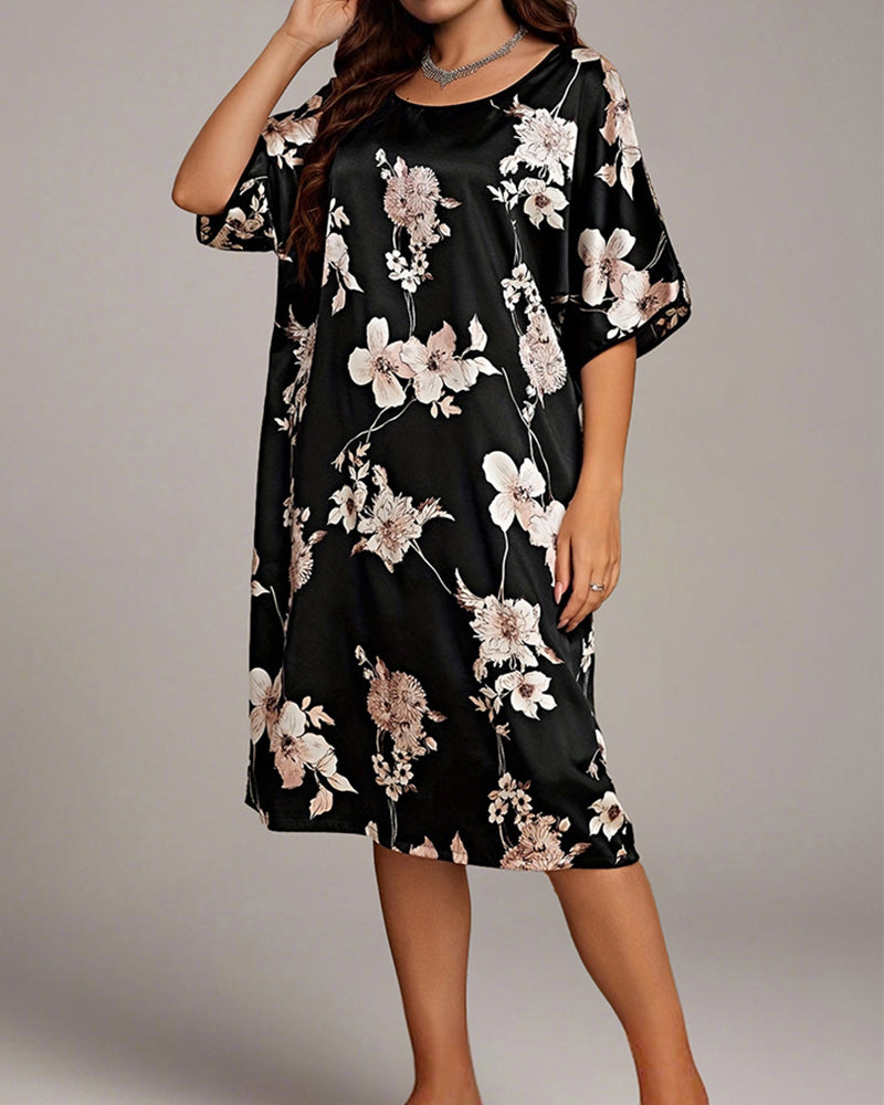 Plus Size Floral Pink Silk Nightgown with Short Sleeves-Nightgown-Bellascena-bellascena