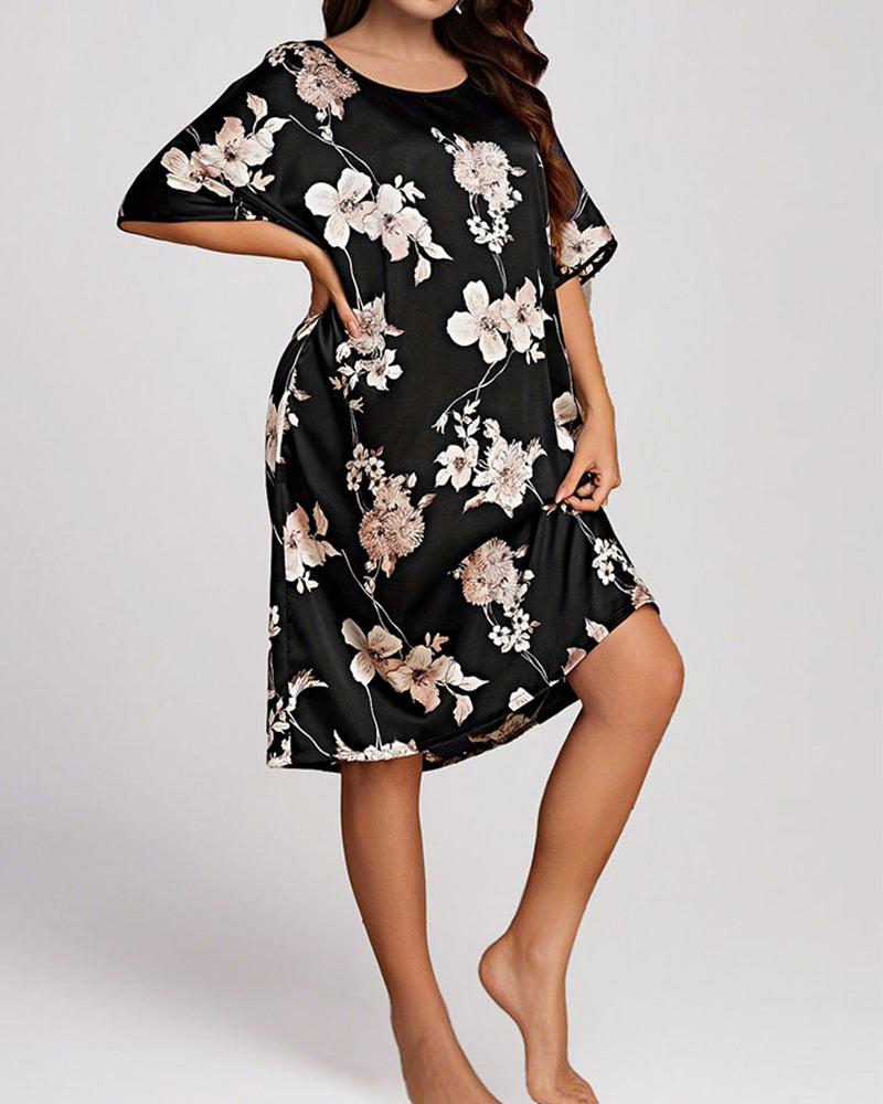 Plus Size Floral Pink Silk Nightgown with Short Sleeves-Nightgown-Bellascena-bellascena