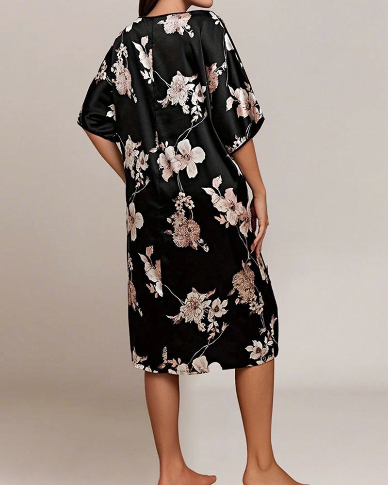 Plus Size Floral Pink Silk Nightgown with Short Sleeves-Nightgown-Bellascena-bellascena