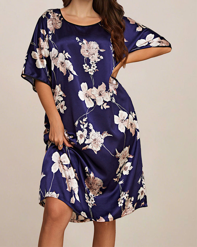 Plus Size Floral Pink Silk Nightgown with Short Sleeves-Nightgown-Bellascena-bellascena
