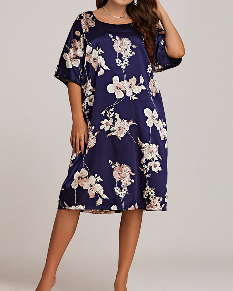 Plus Size Floral Pink Silk Nightgown with Short Sleeves-Nightgown-Bellascena-bellascena