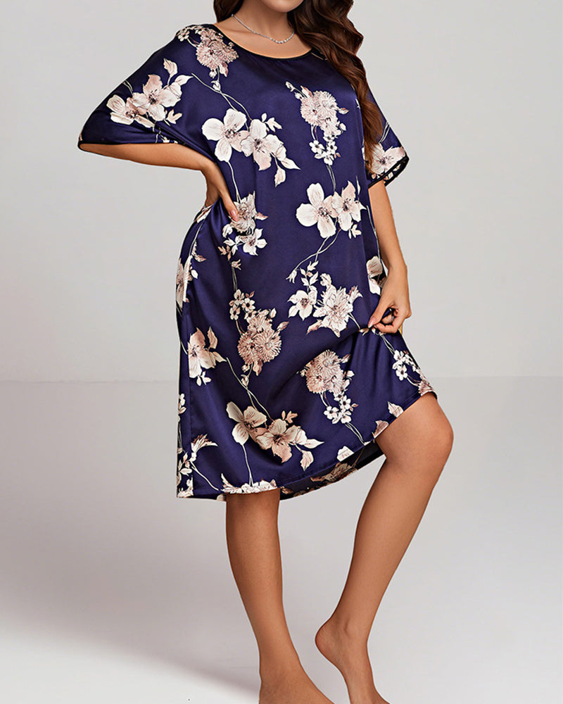 Plus Size Floral Pink Silk Nightgown with Short Sleeves-Nightgown-Bellascena-bellascena