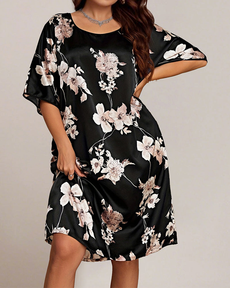 Plus Size Floral Pink Silk Nightgown with Short Sleeves-Nightgown-Bellascena-Black-XL-bellascena