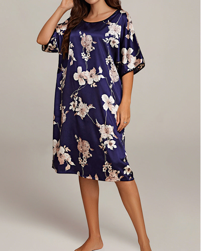 Plus Size Floral Pink Silk Nightgown with Short Sleeves-Nightgown-Bellascena-Navy Blue-XL-bellascena