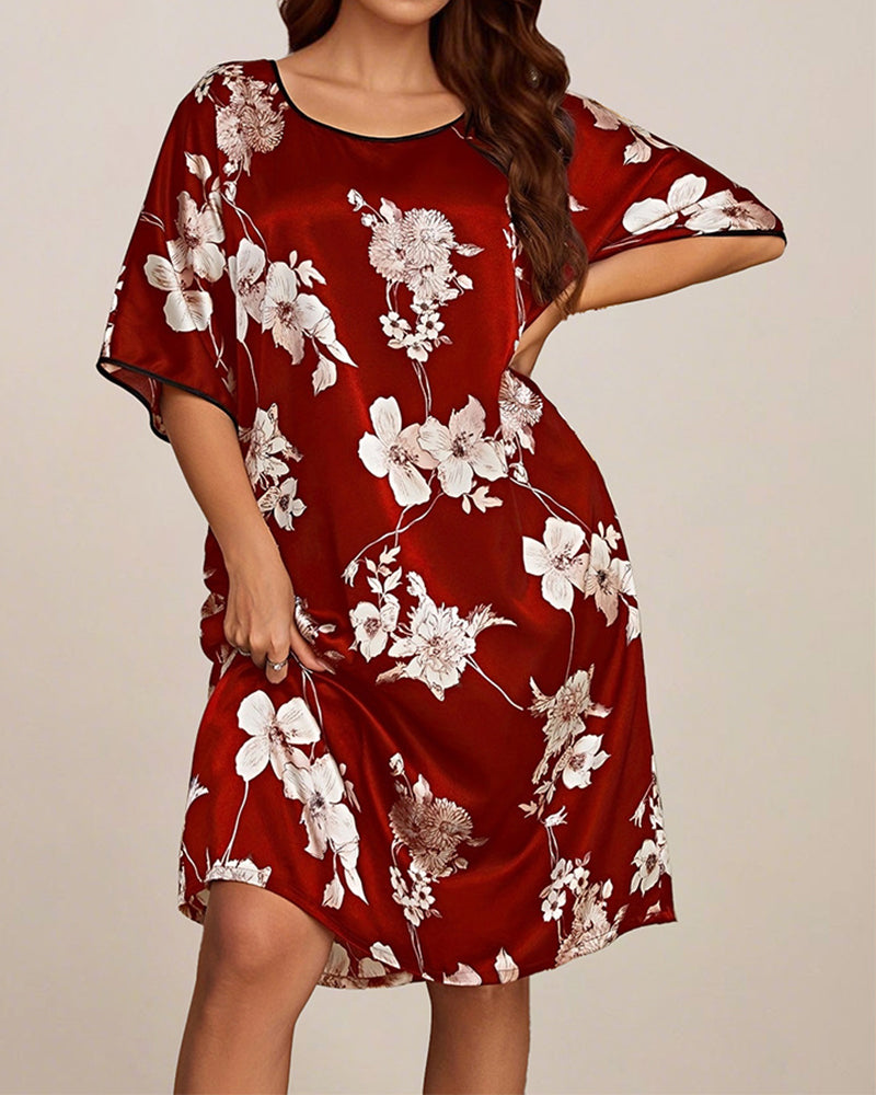 Plus Size Floral Pink Silk Nightgown with Short Sleeves-Nightgown-Bellascena-Red-XL-bellascena