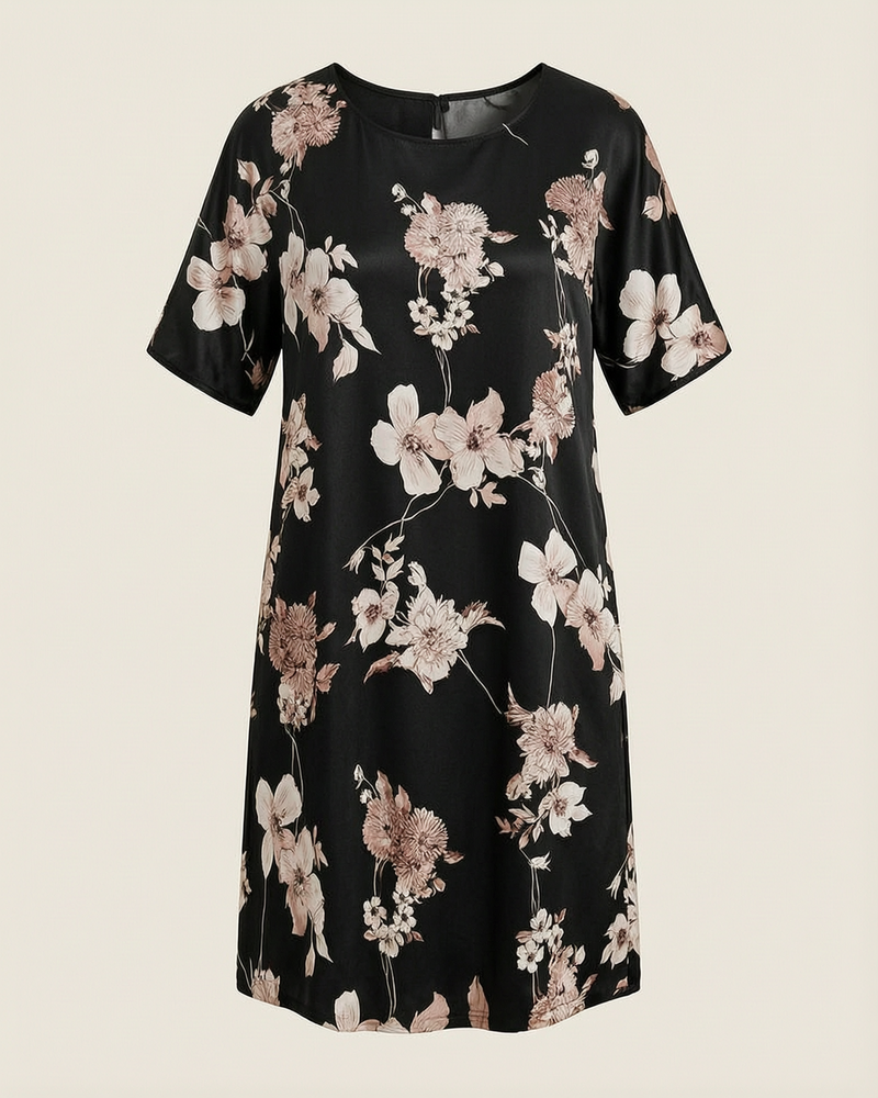 Plus Size Floral Pink Silk Nightgown with Short Sleeves
