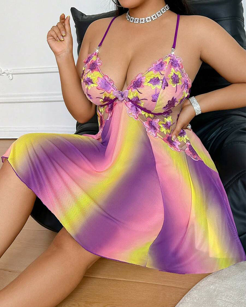 Plus Size Floral Rainbow Ombre Mesh Nightgown with Open Back-Nightgown-Bellascena-bellascena
