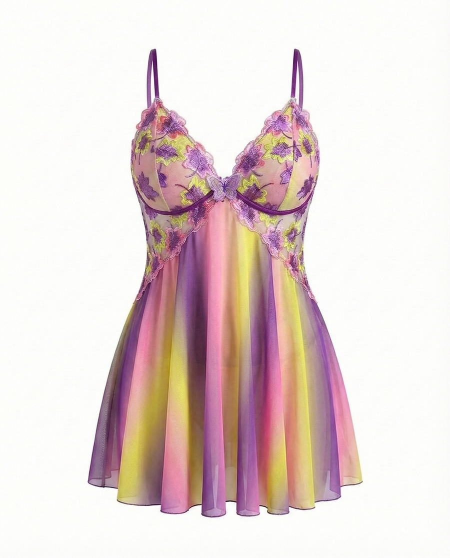 Plus Size Floral Rainbow Ombre Mesh Nightgown with Open Back-Nightgown-Bellascena-bellascena