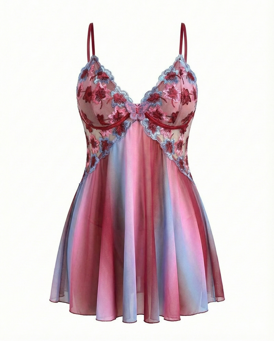 Plus Size Floral Rainbow Ombre Mesh Nightgown with Open Back-Nightgown-Bellascena-bellascena