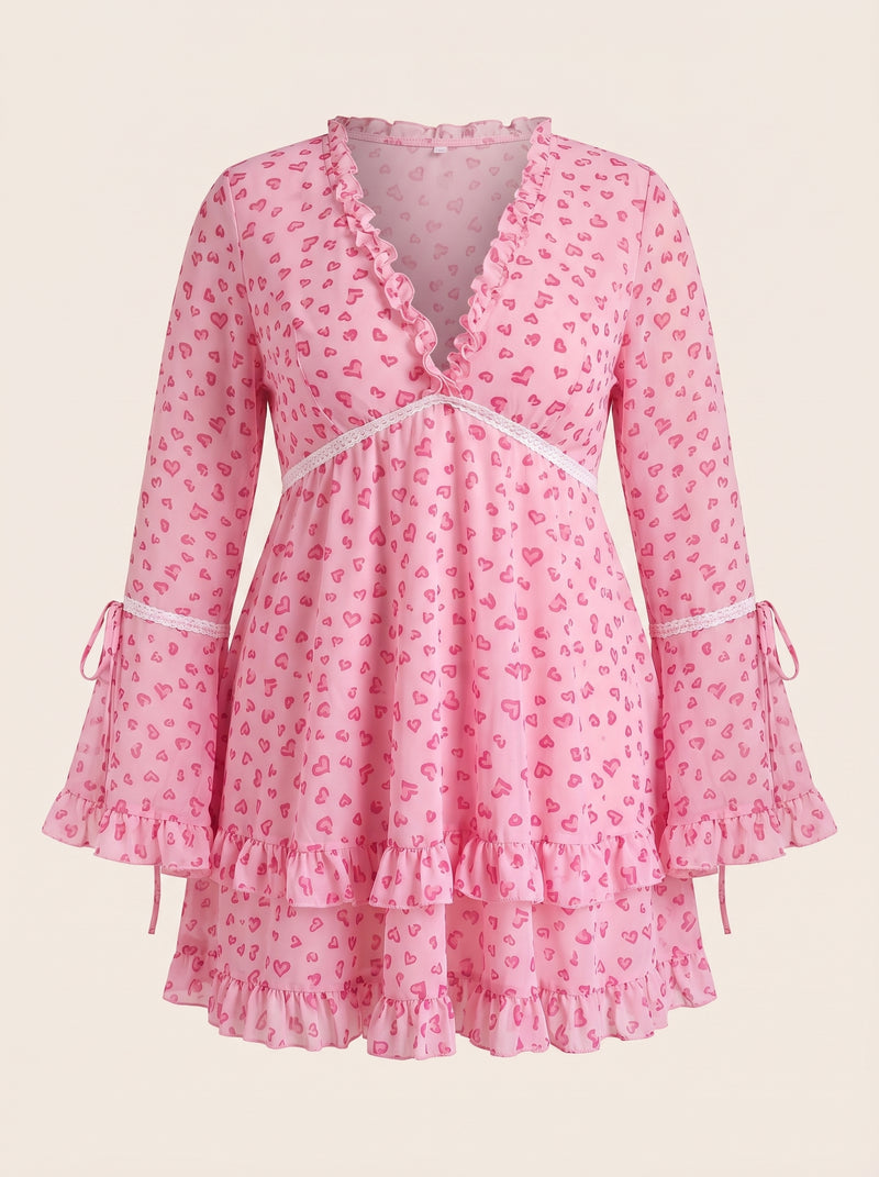 Set camicia da notte rosa in rete con stampa di cuori e dettagli con volant, taglie forti