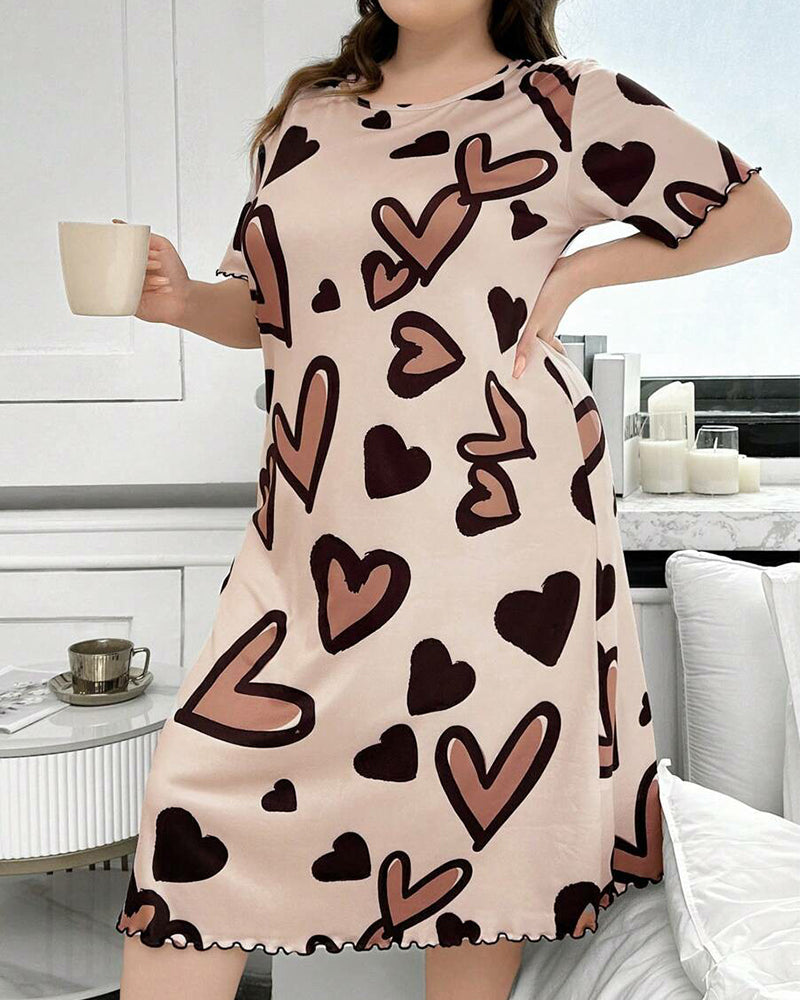 Plus Size Leopard Heart Cotton Nightdress with Scalloped Edges-Nightgown-Bellascena-bellascena