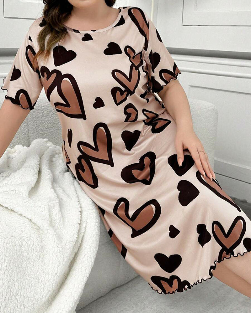 Plus Size Leopard Heart Cotton Nightdress with Scalloped Edges-Nightgown-Bellascena-bellascena