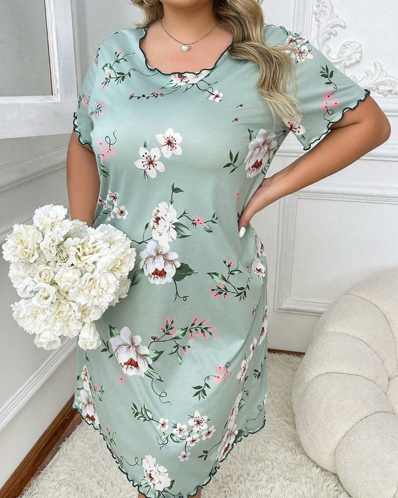 Plus Size Leopard Heart Cotton Nightdress with Scalloped Edges-Nightgown-Bellascena-bellascena