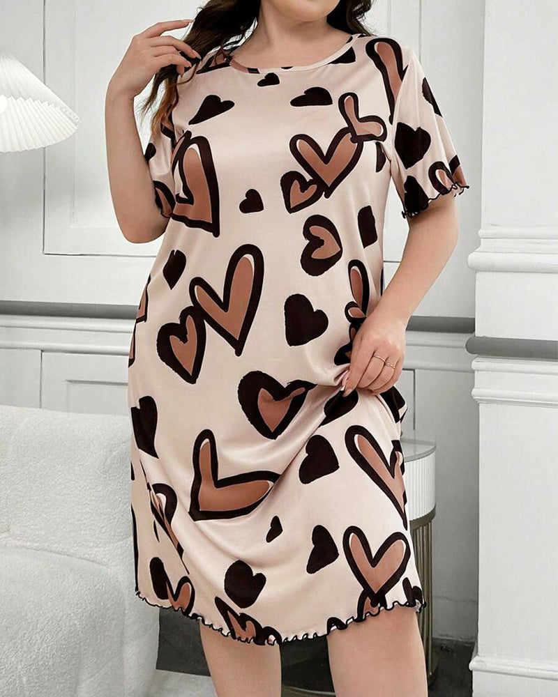 Plus Size Leopard Heart Cotton Nightdress with Scalloped Edges-Nightgown-Bellascena-bellascena