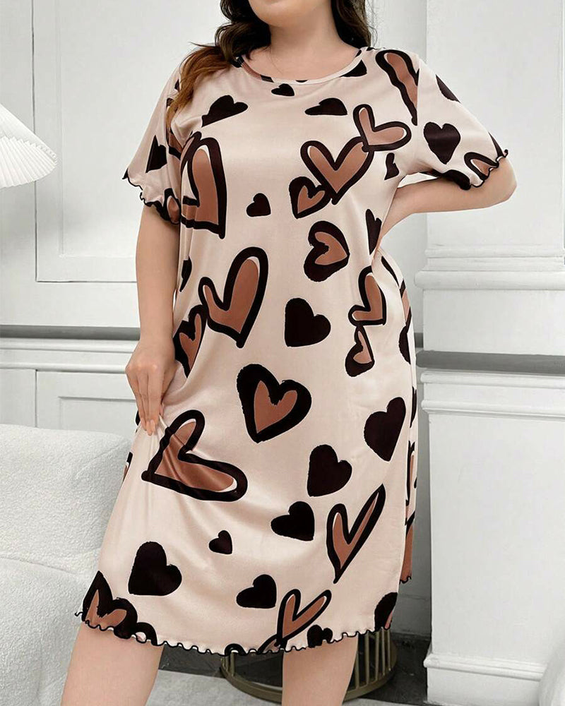 Plus Size Leopard Heart Cotton Nightdress with Scalloped Edges-Nightgown-Bellascena-bellascena