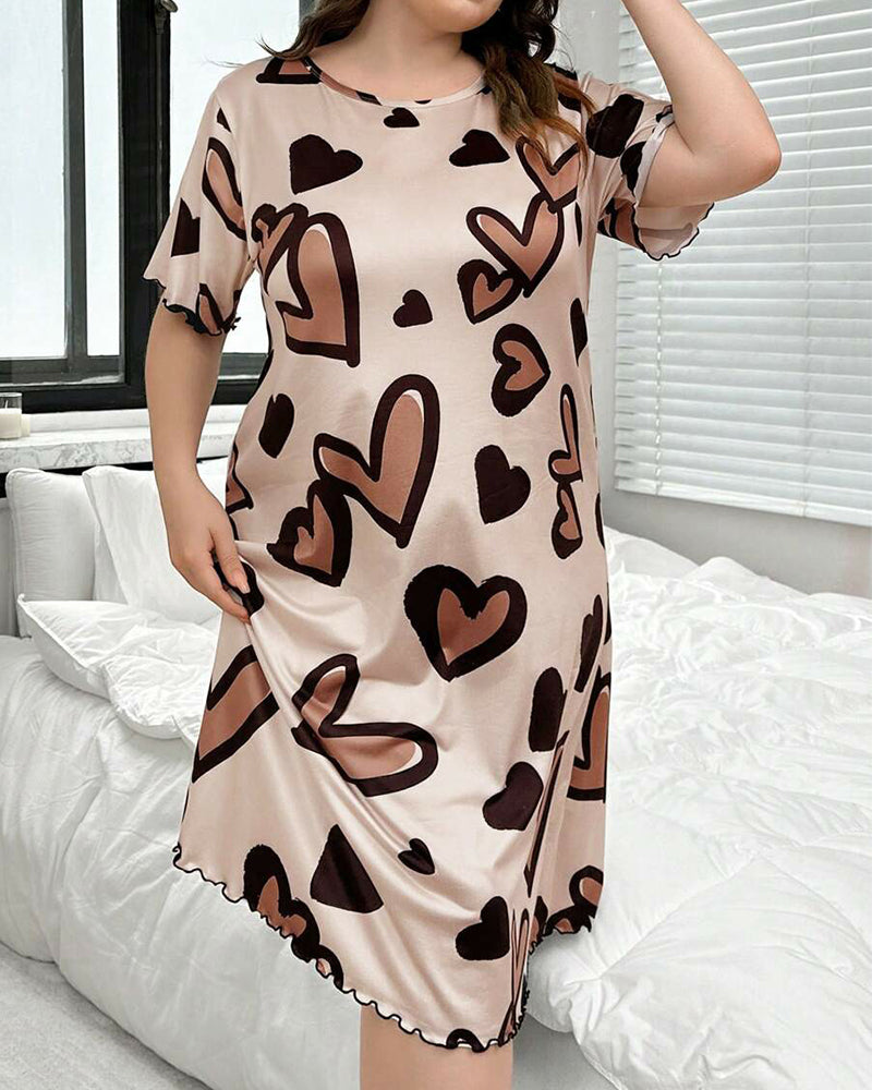 Plus Size Leopard Heart Cotton Nightdress with Scalloped Edges-Nightgown-Bellascena-Brown Heart-XL-bellascena