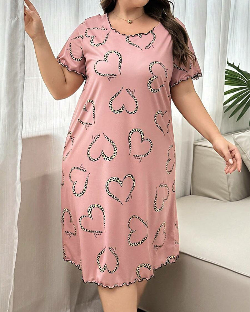 Plus Size Leopard Heart Cotton Nightdress with Scalloped Edges-Nightgown-Bellascena-Pink Heart-XL-bellascena