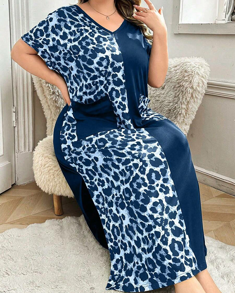 Plus Size Leopard Print Cotton Maxi Dress with V-Neck Details-Nightgown-Bellascena-bellascena