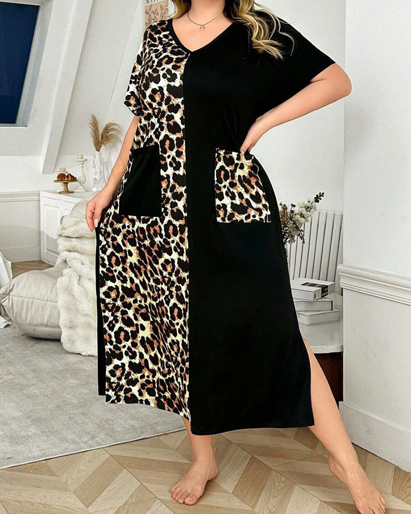 Plus Size Leopard Print Cotton Maxi Dress with V-Neck Details-Nightgown-Bellascena-bellascena