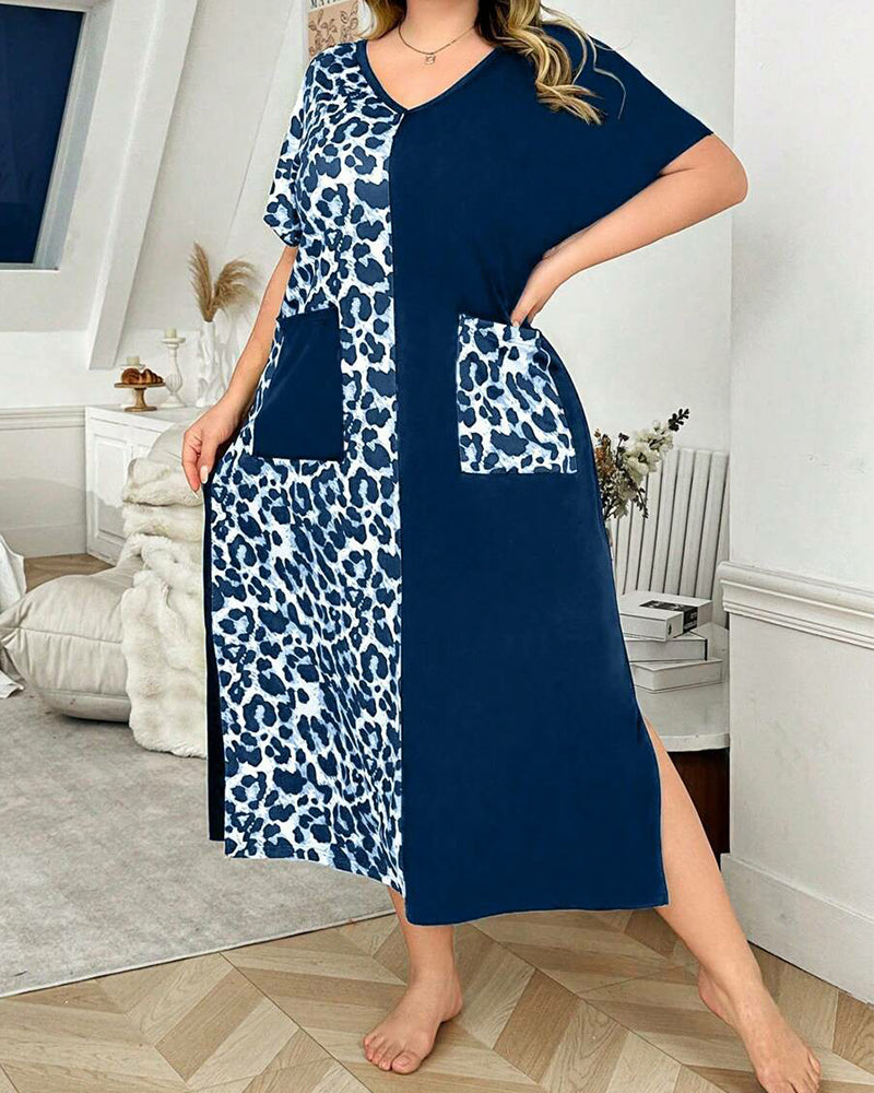 Plus Size Leopard Print Cotton Maxi Dress with V-Neck Details-Nightgown-Bellascena-bellascena