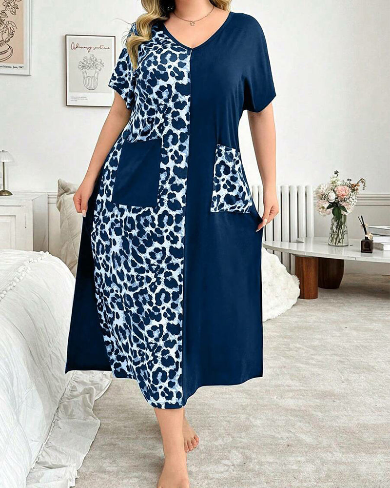 Plus Size Leopard Print Cotton Maxi Dress with V-Neck Details-Nightgown-Bellascena-Blue-XL-bellascena