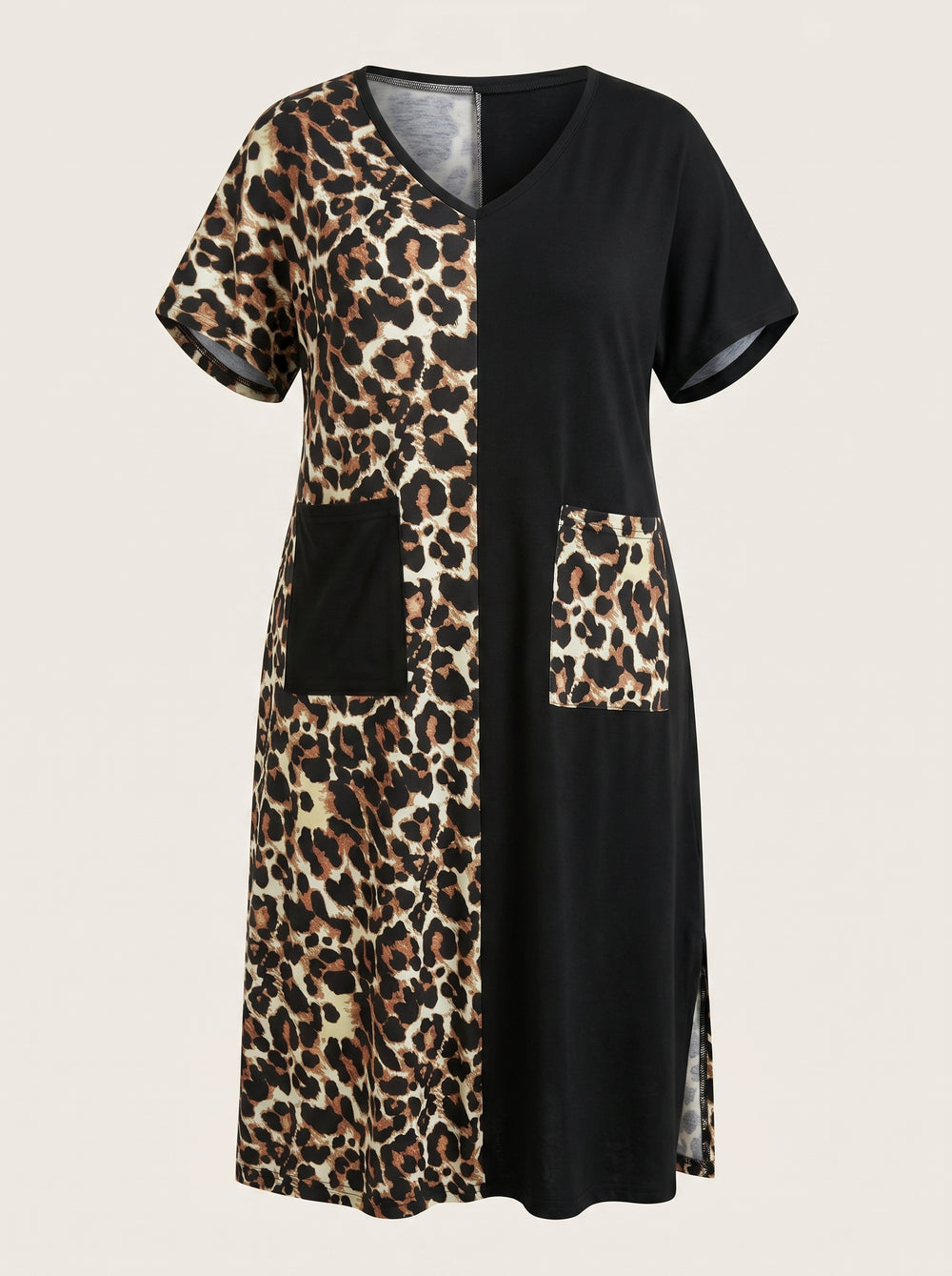 Abito lungo in cotone con stampa leopardata e scollo a V, taglie forti
