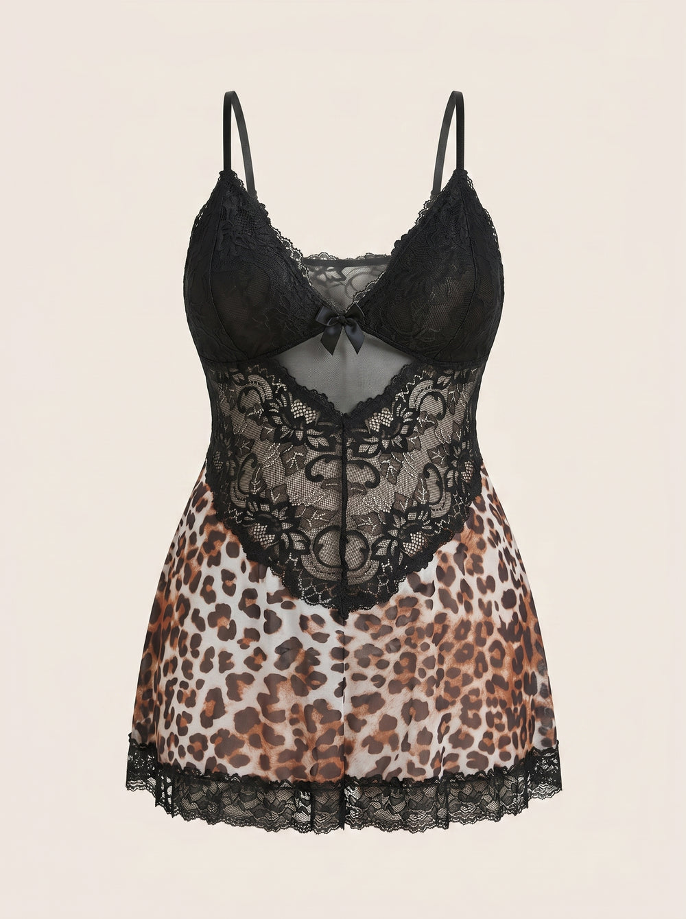 Plus Size Leopard Print Lace Chemise with Strappy Bow Detail