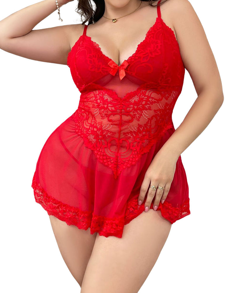 Plus Size Leopard Print Lace Chemise with Strappy Bow Detail-Nightgown-Bellascena-Red-XL-bellascena