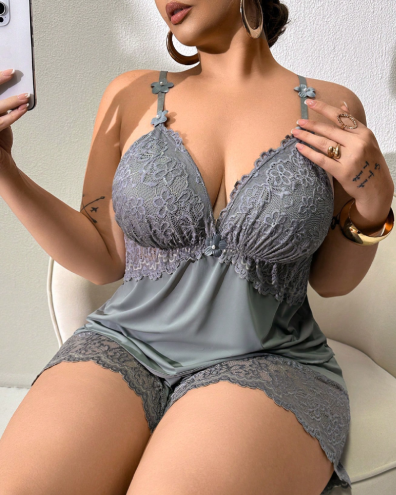 Plus Size Light Blue Satin Pajama Set with Lace Trim-Pajama Set-Bellascena-bellascena