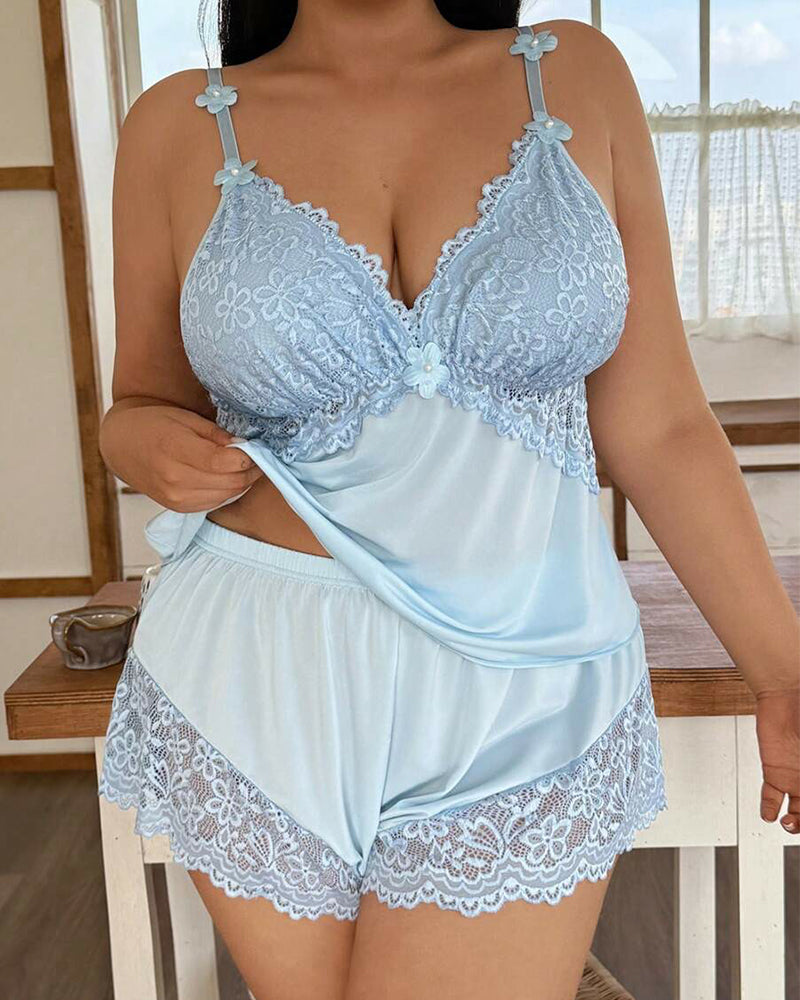 Plus Size Light Blue Satin Pajama Set with Lace Trim-Pajama Set-Bellascena-bellascena