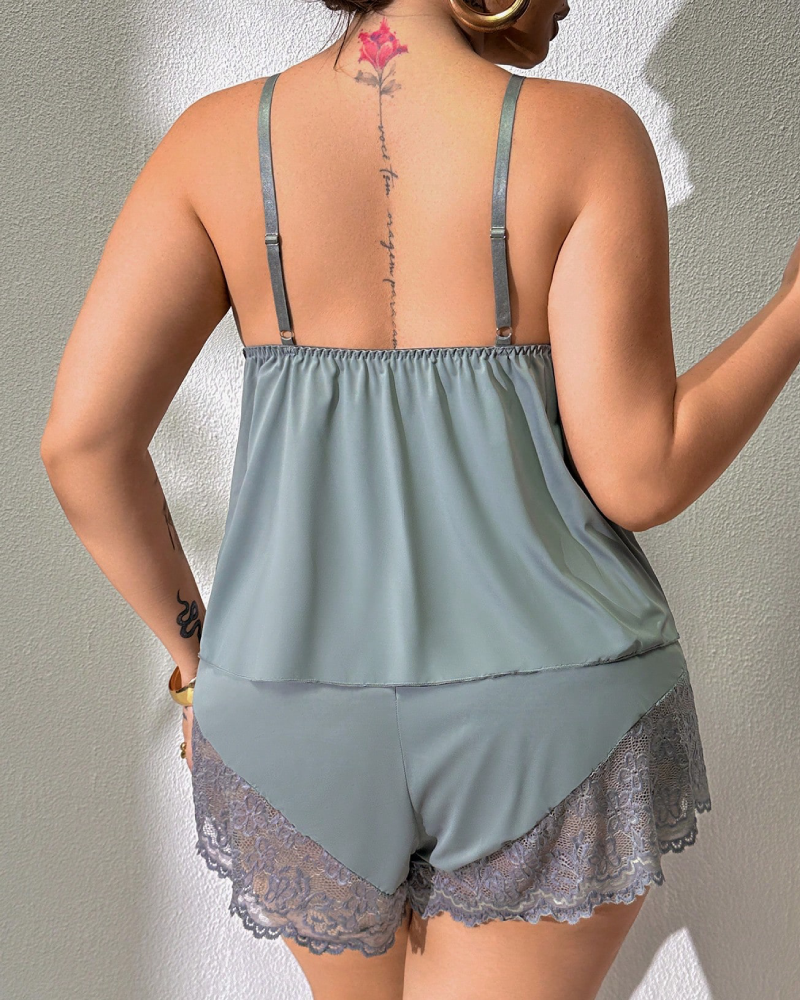 Plus Size Light Blue Satin Pajama Set with Lace Trim-Pajama Set-Bellascena-bellascena
