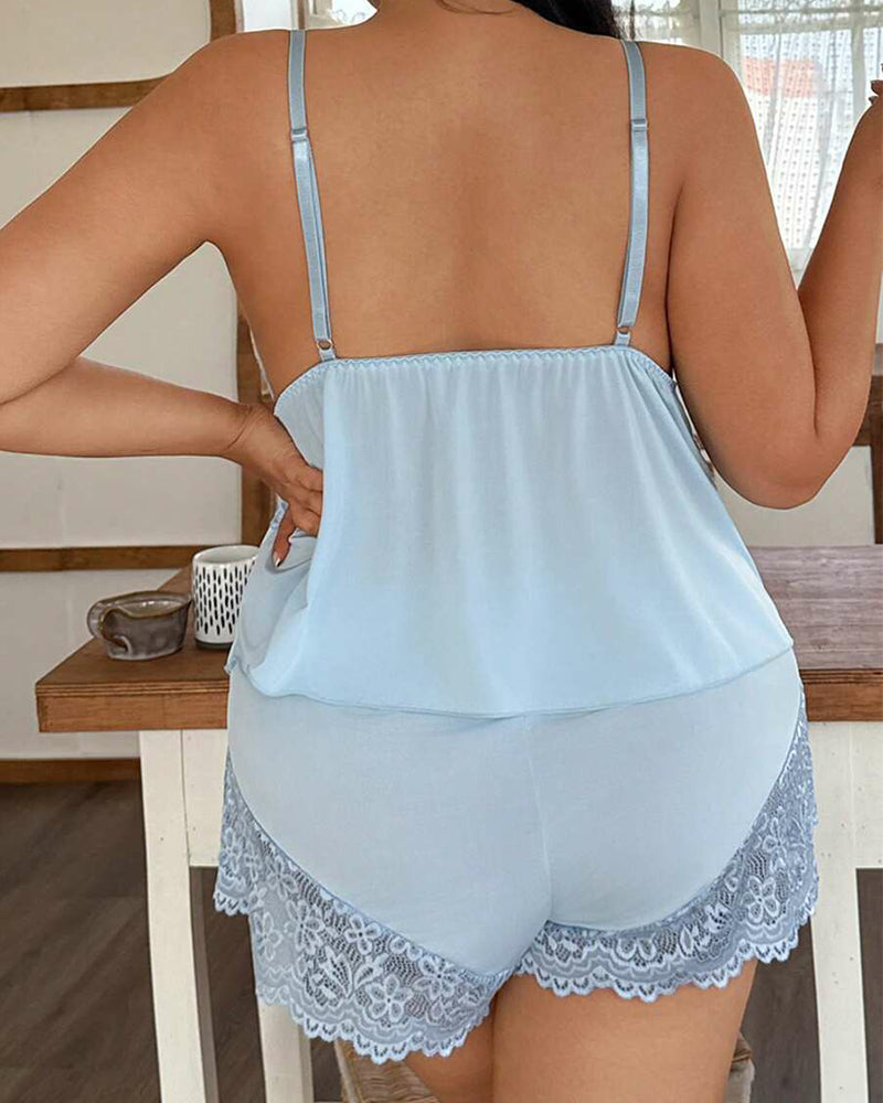 Plus Size Light Blue Satin Pajama Set with Lace Trim-Pajama Set-Bellascena-bellascena