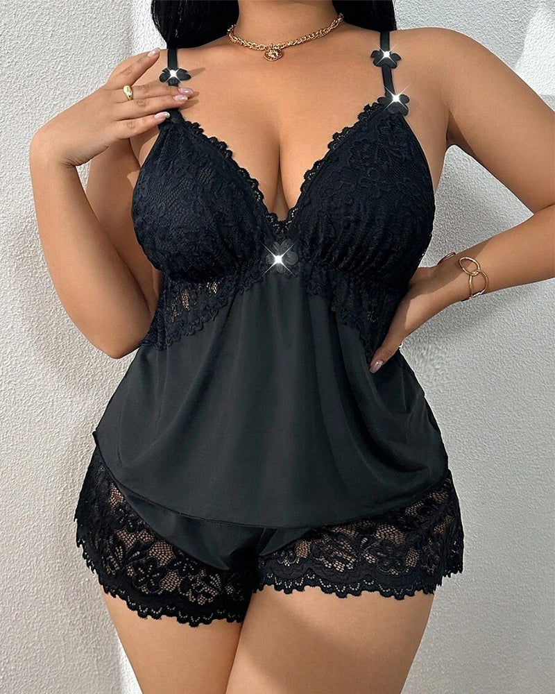 Plus Size Light Blue Satin Pajama Set with Lace Trim-Pajama Set-Bellascena-bellascena