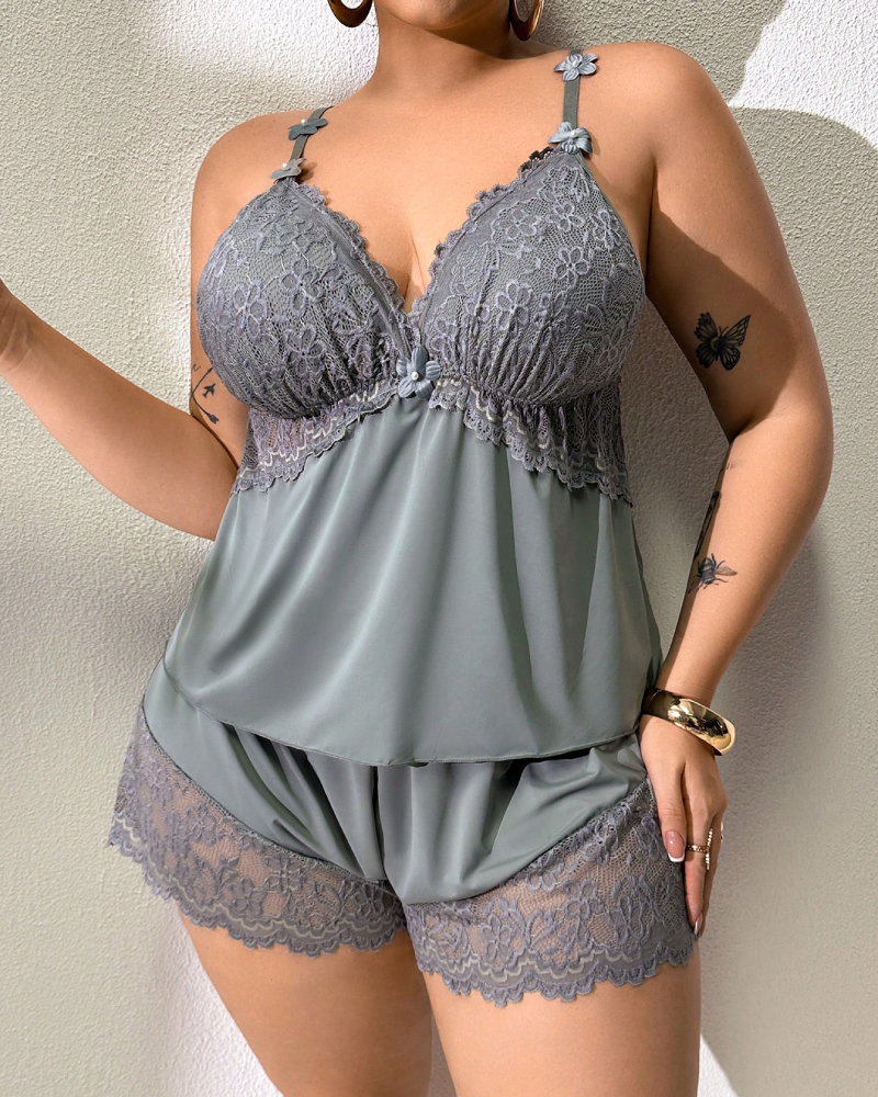 Plus Size Light Blue Satin Pajama Set with Lace Trim-Pajama Set-Bellascena-Grey-L-bellascena