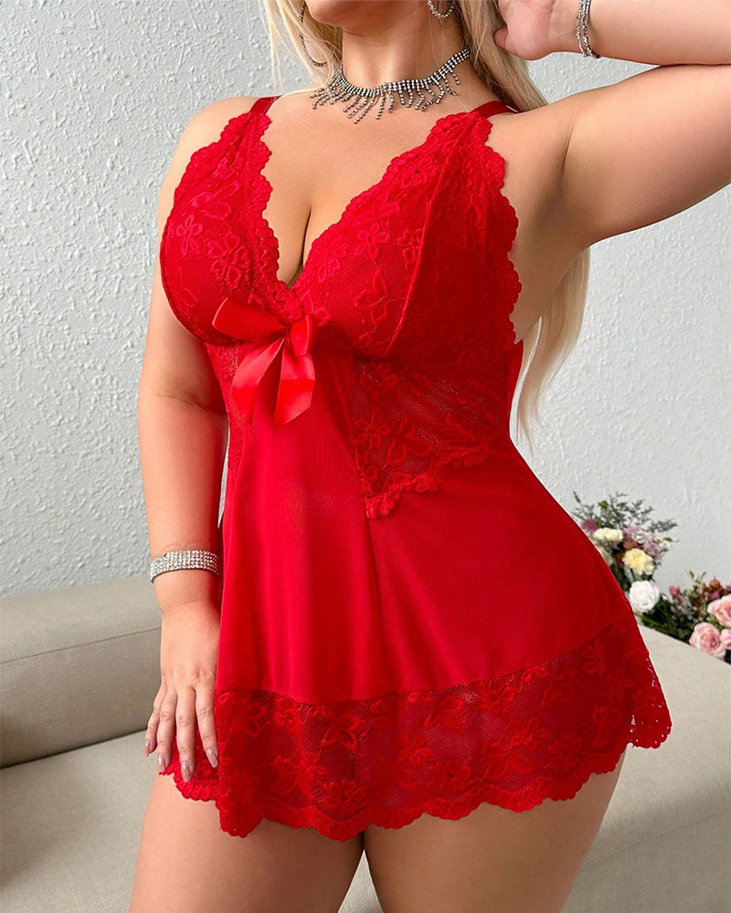 Plus Size Light Pink Lace Camisole Set with Bow Detail-Lingerie Set-Bellascena-bellascena