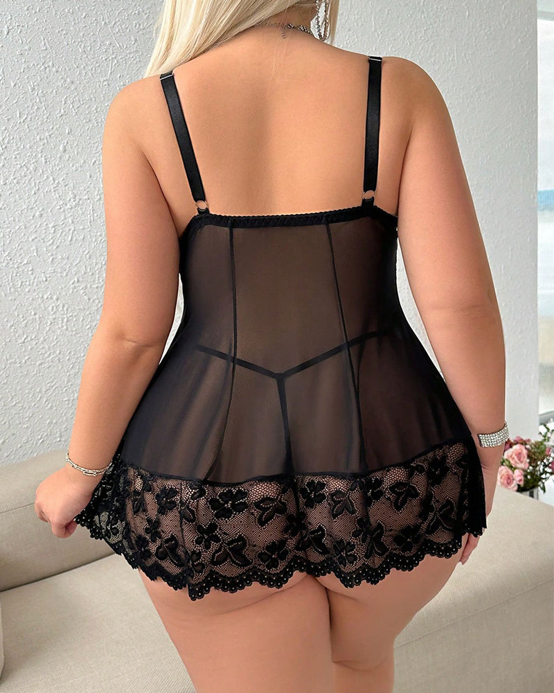 Plus Size Light Pink Lace Camisole Set with Bow Detail-Lingerie Set-Bellascena-bellascena