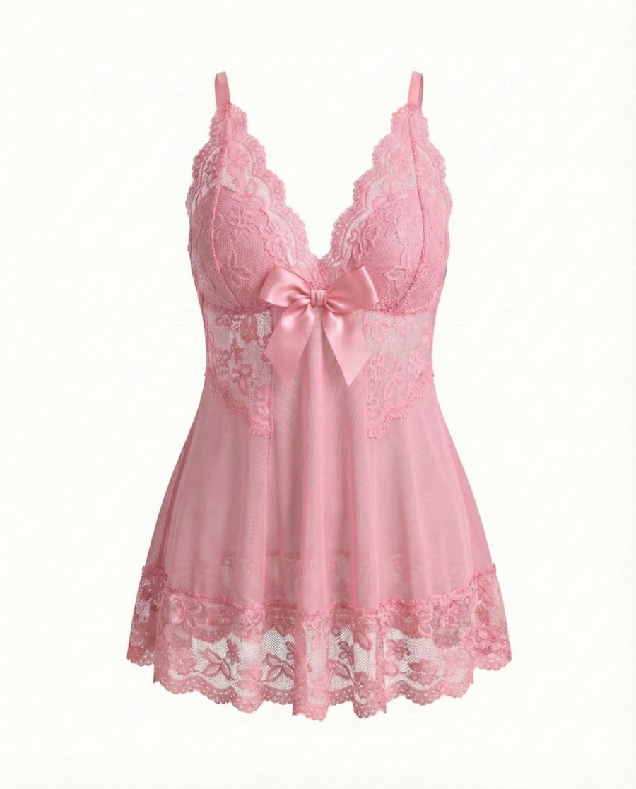 Plus Size Light Pink Lace Camisole Set with Bow Detail-Lingerie Set-Bellascena-bellascena