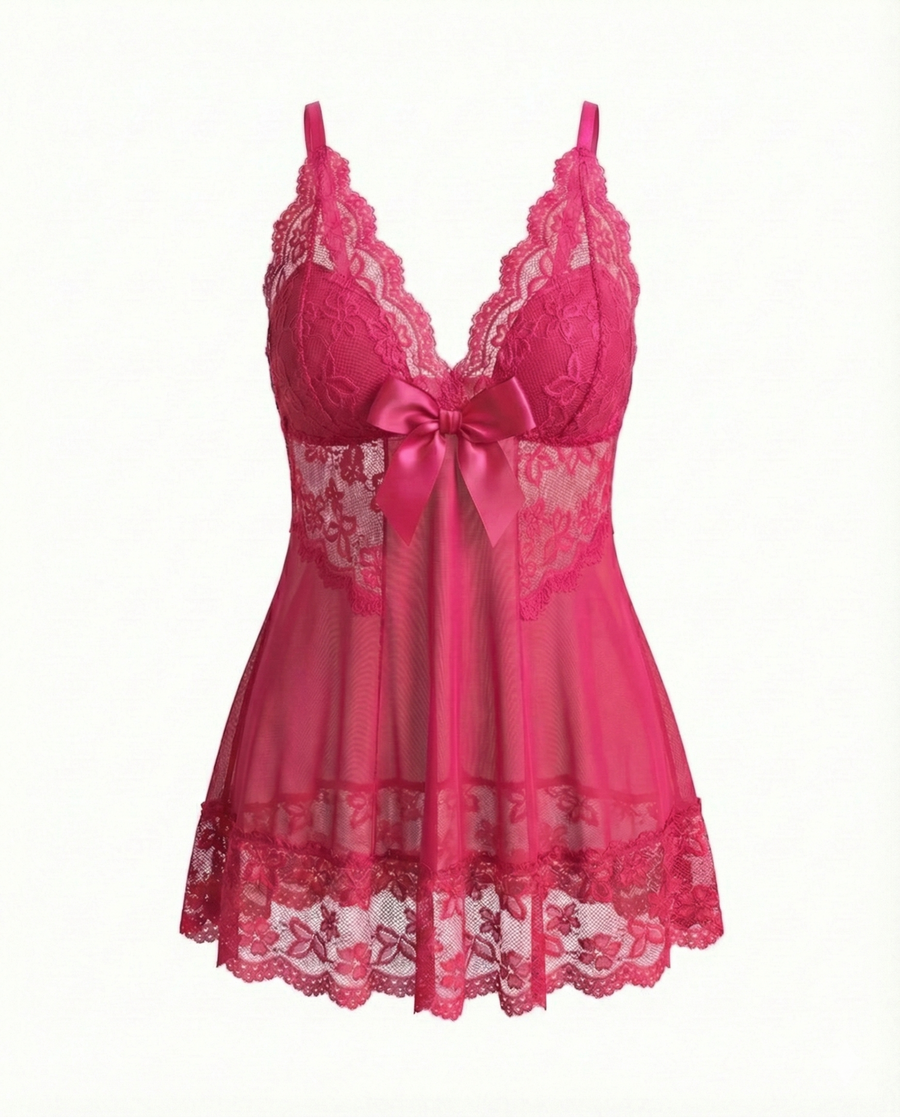 Plus Size Light Pink Lace Camisole Set with Bow Detail-Lingerie Set-Bellascena-bellascena