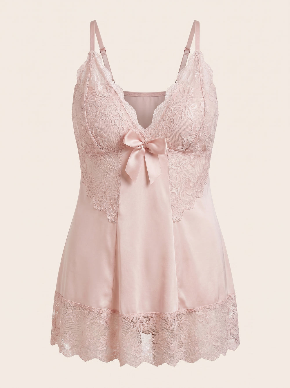 Babydoll en dentelle rose clair grande taille avec détail nœud gracieux